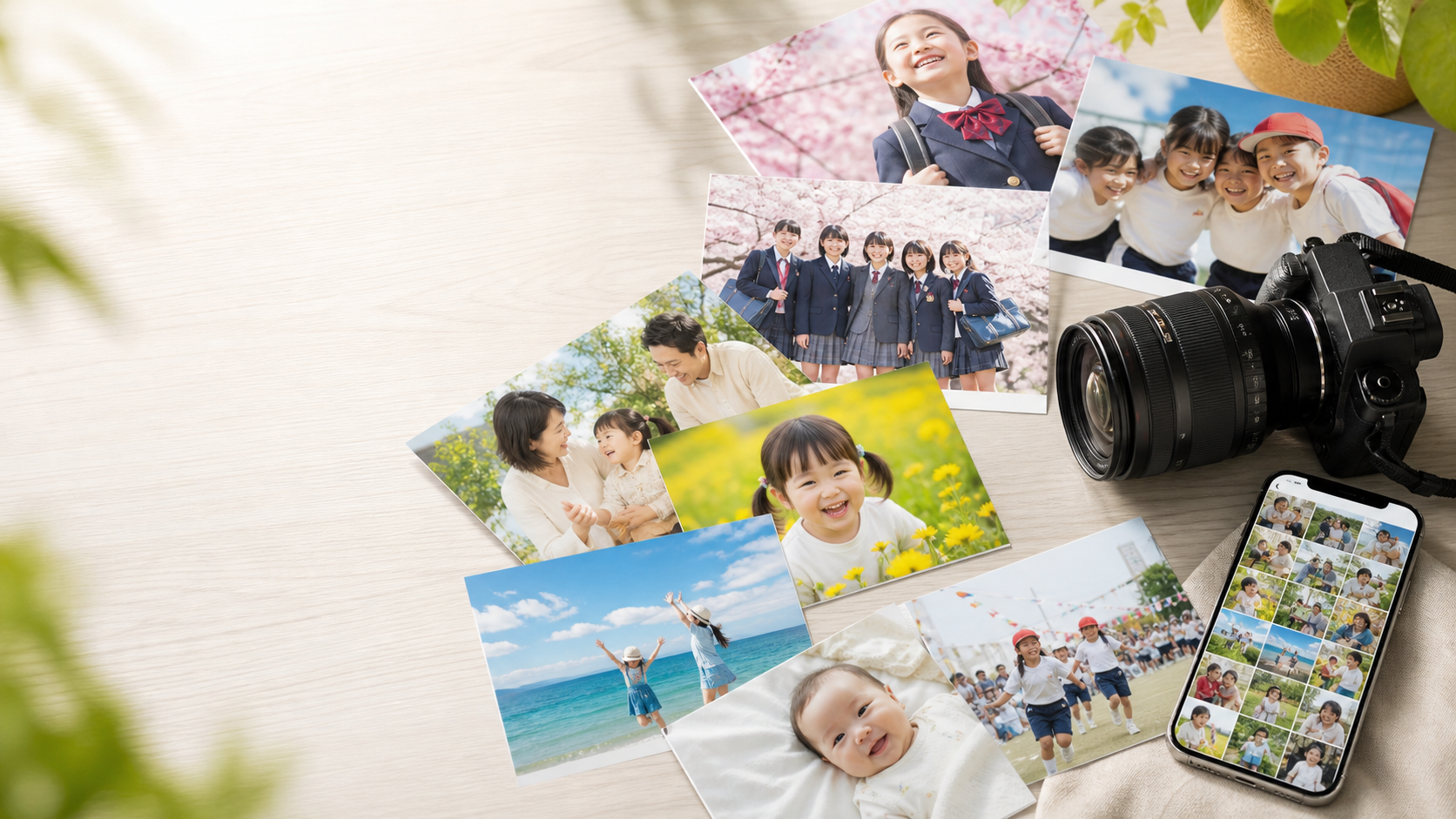 写真プリント、カメラ、スマートフォンを並べたインターネット写真販売のイメージ