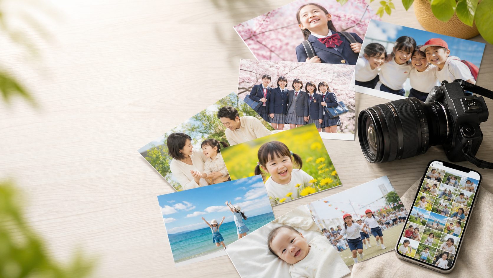 机に並べた学校行事や家族の写真プリントと、カメラ、写真を選ぶスマートフォン